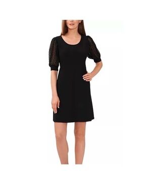 MSK Black Midi Dress with Sheer Dotted Puff Sleeves